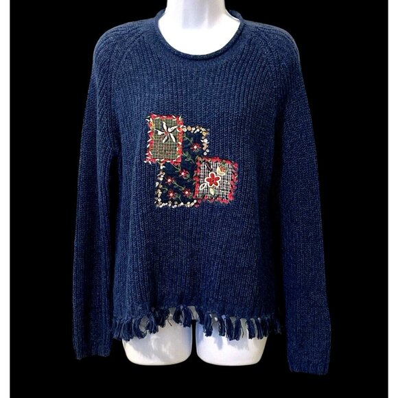 Koret City Blues Womens Embroidered  Patches Floral Sweater Size M Blue Knit - Picture 4 of 13